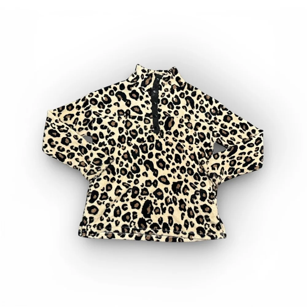 BKE Women’s Leopard Print Fleece Pullover Snap Neck Sweatshirt Medium - Picture 2 of 8